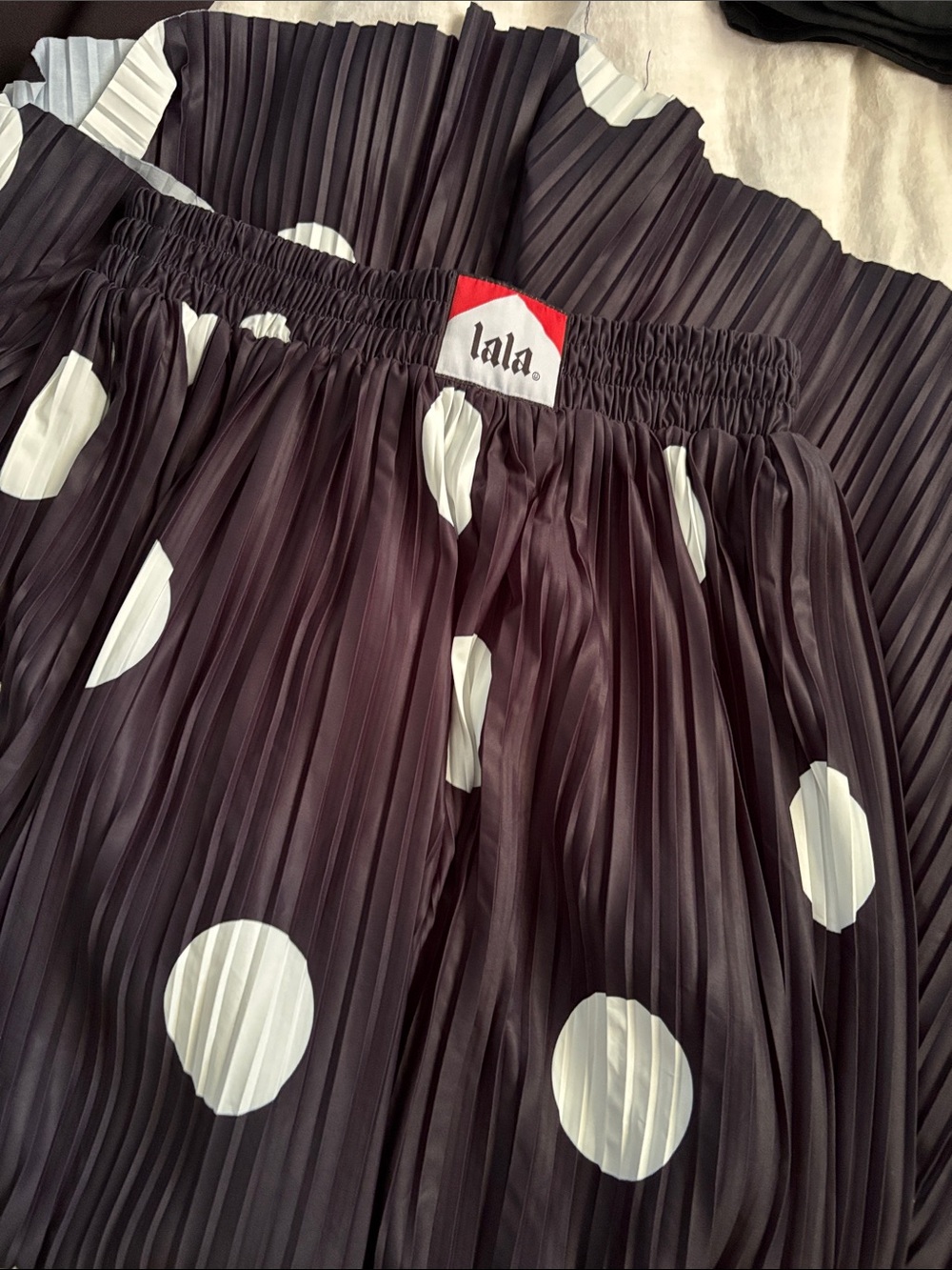 Dressed in LALA Black Pleated Wide-Leg Pants with White Polka Dots